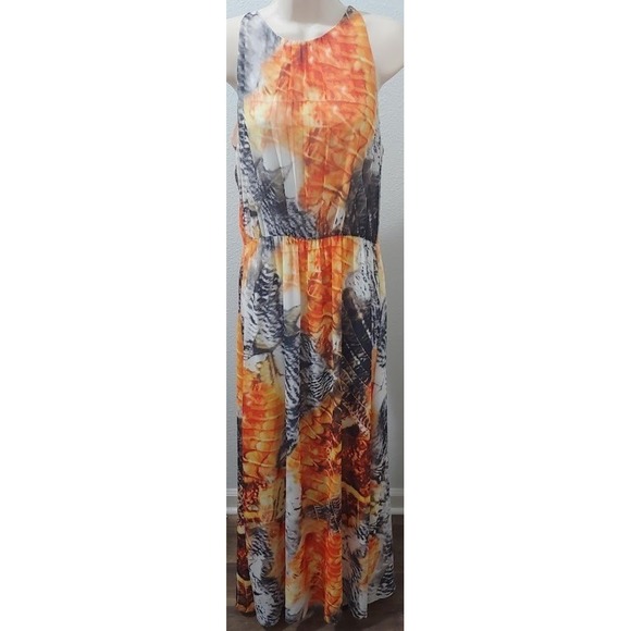 H&M Women's Maxi Dress 6 Orange Gray Feather Print Sleeveless Long Summer Gown - Picture 4 of 10